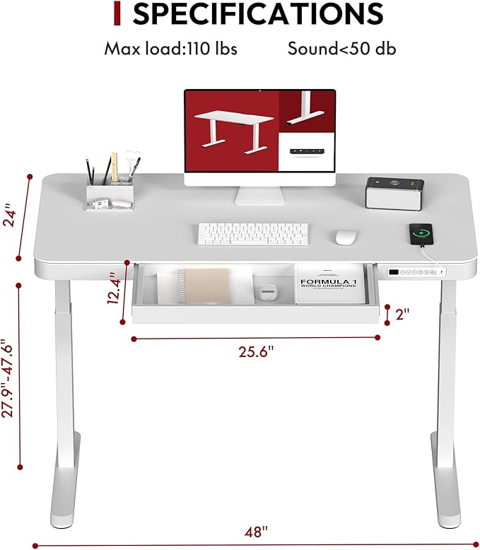 SANODESK Standing Desk with Drawer Electric Height Adjustable Home Office Desk with Storage &amp USB Ports 48 inch White Wood Tabletop/White Frame