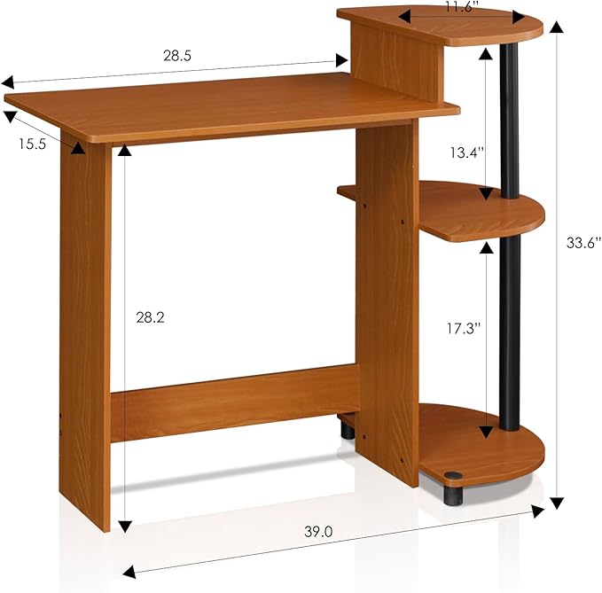 Furinno Compact Computer Desk with Shelves Round Side Light Cherry/Black