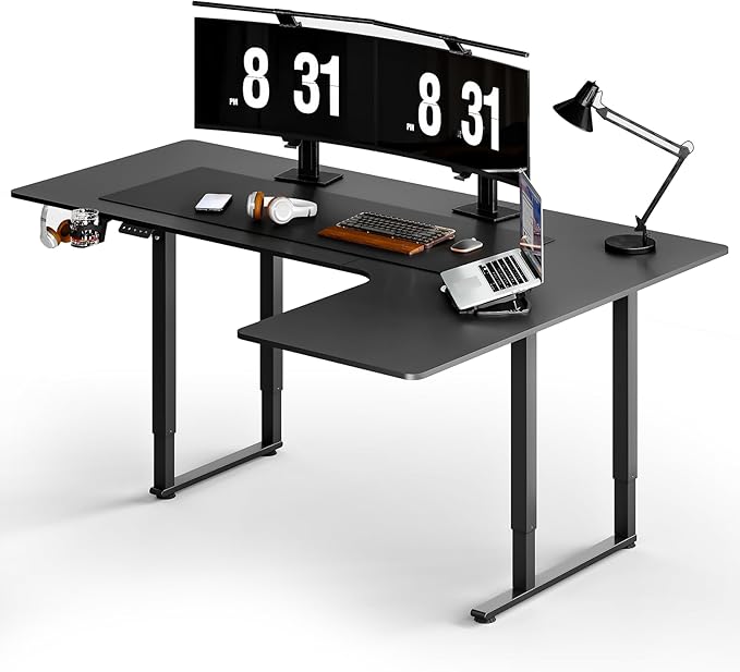 ONBRILL L Shaped Standing Desk 63x43 Inches Electric L Stand Up Desk with 4 Legs Dual Motor and Memory Controller Adjustable Height from 28-46 Inches for Home and Computer Workstation Black