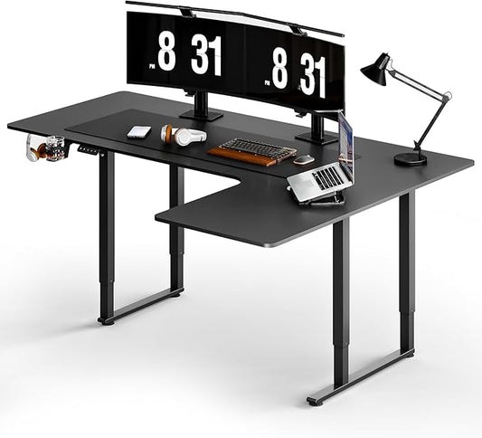 ONBRILL L Shaped Standing Desk 63x43 Inches Electric L Stand Up Desk with 4 Legs Dual Motor and Memory Controller Adjustable Height from 28-46 Inches for Home and Computer Workstation Black