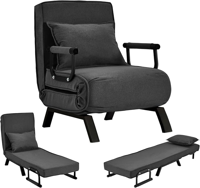 Convertible Sofa Bed Sleeper ChairSingle Person Chaise Lounge Couch with PillowUpholstered Lazy Bed with 6 Angles Adjustable BackrestFolding Sofa Arm Chair for Apartment/Office/Home (Dark Gray)