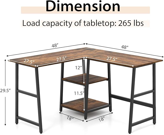 Tangkula 48” L Shaped Computer Desk Corner Study Writing Desk with Outlets &amp USB Ports Home Office Desk Computer Workstation with 2-Tier Shelf Executive Desk (Rustic Brown)