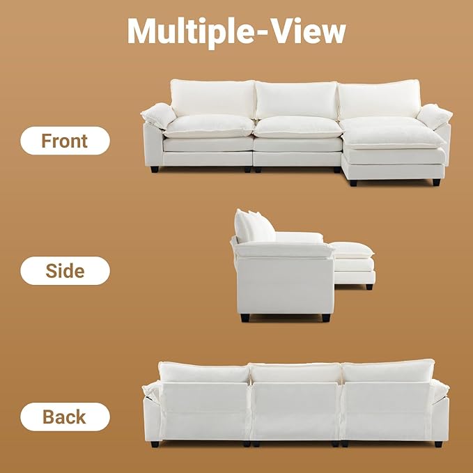VINGLI 122 Cloud Double-Layer Deep Convertible Sectional Sofa Comfy L-Shape 3-Seat Couches for Living Room Modern Couch with Movable Ottoman for Living RoomChenilleCream
