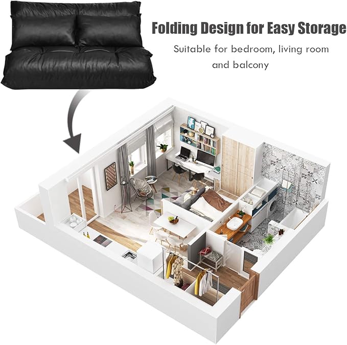 Giantex Convertible Sofa Bed Floor Couch with 2 Pillows PU Leather Loveseat Recliner Folding Lazy Sleeper Sofa 5 Position Video Gaming Sofa Mattress for Reading Living Room Bedroom