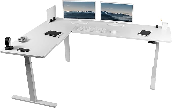 VIVO Electric Height Adjustable 83 x 60 inch Corner Stand Up Desk 2 White Solid Table Tops White Frame Memory Controller L-Shaped Workstation 3E Series DESK-KIT-3E8W