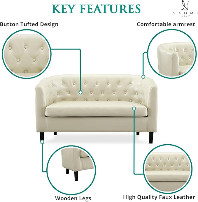Emma Modern Loveseat Sofa – Faux Leather Love Seat Couch with Plush Cushions Solid Wood Frame Button-Tufted Design Stain-Proof Upholstery Small Loveseat for Bedroom Office &amp Small Spaces
