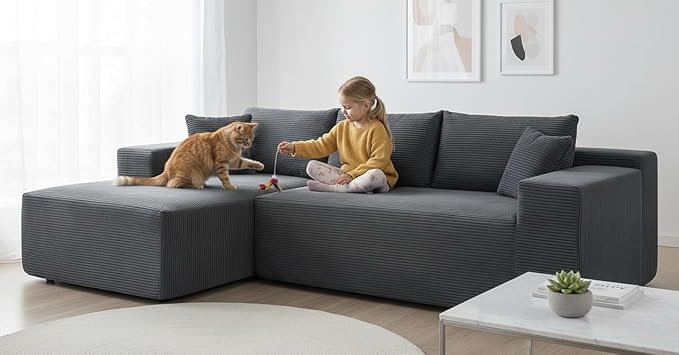 Ridge 2-Piece Convertible Corduroy L-Shaped Sofa in a Box with Pillows 3-Seater Modular Sectional Couch Compressed Living Room Furniture Dark Grey (Left Facing)