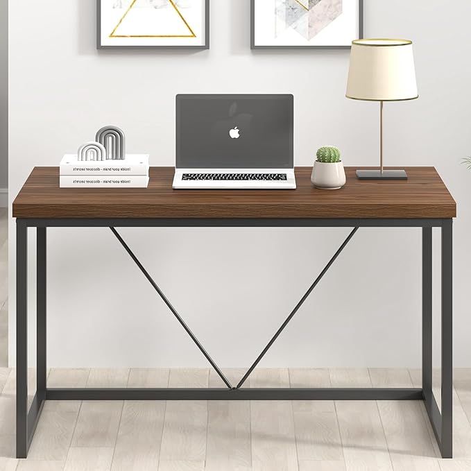 FOLUBAN Modern Office Desk Rustic Wood and Metal Computer Desks Industrial Study Writing Table Simple Work Gaming PC Desk for Bedroom Living Room Walnut 47 Inch