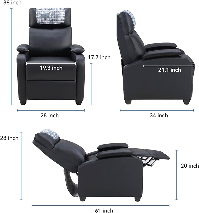 Manual Recliner Chair for Living Room PU Leather Recliner Sofa with Cup Holder &amp Footrest - Ergonomic Design for Adults Seniors Home Theater Relaxation (Black)