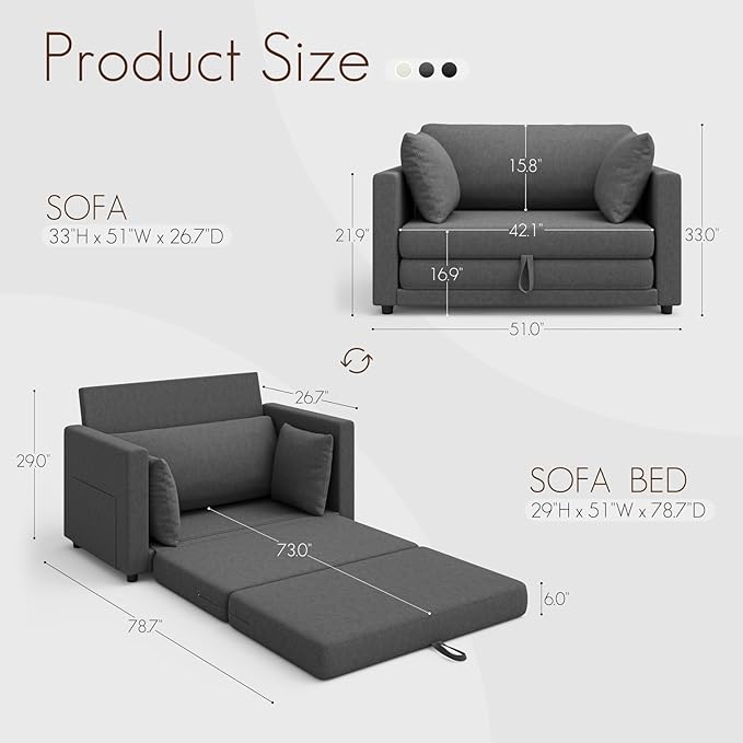 Loveseat Sofa Bed 51 in Folding Couch Bed for Small Space 2 Persons Reading Chair &amp Kids Temporary Playing Bed Rest Dark Gray