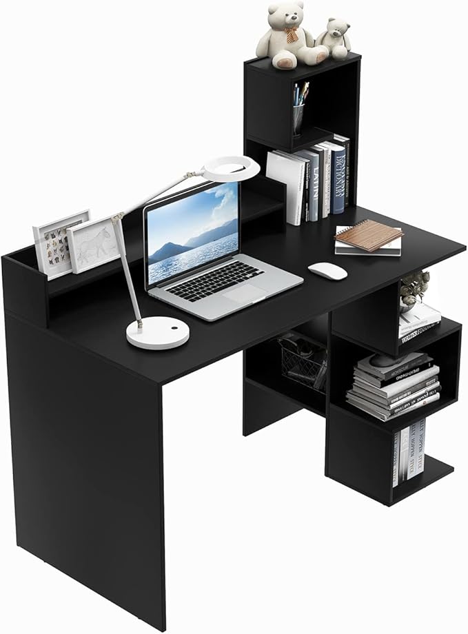Tangkula Computer Desk with Storage Bookshelf &amp Hutch 48” Modern Home Office Desk with 8 Storage Shelves Space Saving Writing Study Desk for Bedroom Compact Computer Workstation for Home (Black