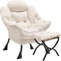 Lazy Chair with Folding OttomanLeisure Sofa ChairSoft Fabric Armchair with Armrests and Side Pockets Reading Chair with Footrest for Living Room Bedroom Office (Plush Beige)
