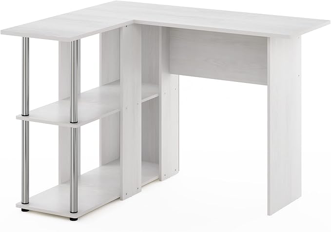 Furinno Abbott L-Shape Desk with Bookshelf White Oak/Chrome