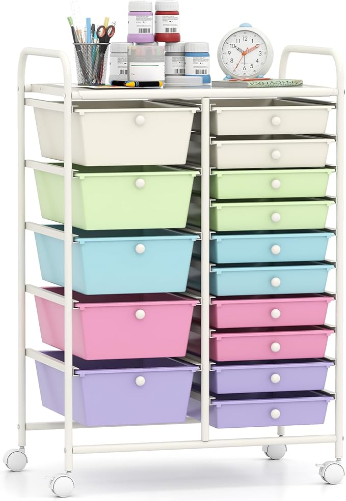 Giantex 15 Drawer Rolling Cart with Drawers Storage Organizer Cart for Classroom Office School Teacher Mobile Drawer Cart for Tools Crafts Small Printer Paper Pastel Ice Cream