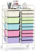 Giantex 15 Drawer Rolling Cart with Drawers Storage Organizer Cart for Classroom Office School Teacher Mobile Drawer Cart for Tools Crafts Small Printer Paper Pastel Ice Cream