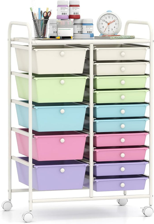 Giantex 15 Drawer Rolling Cart with Drawers Storage Organizer Cart for Classroom Office School Teacher Mobile Drawer Cart for Tools Crafts Small Printer Paper Pastel Ice Cream