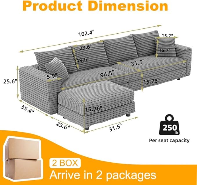 102 Oversized Modular Sectional Sofa with Movable Ottoman 2-in-1 Convertible Deep Seat Sleeper Daybed 4-Seater Plush Corduroy Cloud Couchwith 6 Pillows for Living Room &amp Apartment