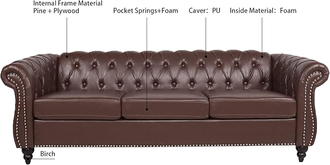 Ball &amp Cast 84 Chesterfield Leather Sofa with Channel Tufted Seat BackClassic 3 Seater Couch w/Roll Arm Nailhead Trim and UpholsteredMid Century Furniture for Living RoomOfficeDark Brown PU