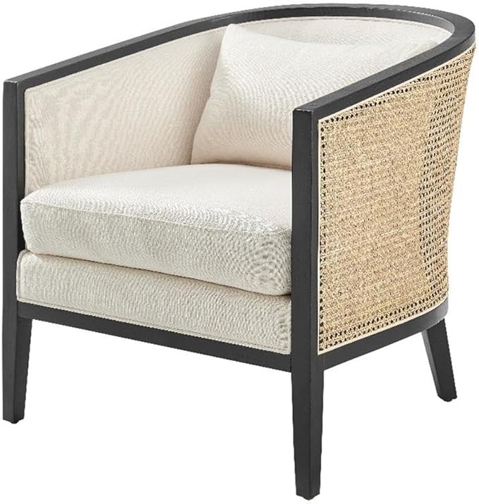 Pemberly Row Accent Arm Chair Rattan Frame with Black Legs Natural Linen Cushion Barrel-Back Design 300 lbs Weight Capacity 28 W x 30 D x 29.5 H Living Room Seating