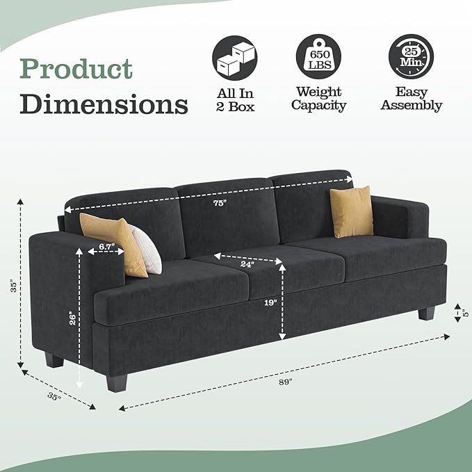 Apicizon 89 Black Couch for Living Room Comfy Couch Clound Sofa 3 Seater Sofa Modern Couches with Removerable Cover for Bedroom Chenille