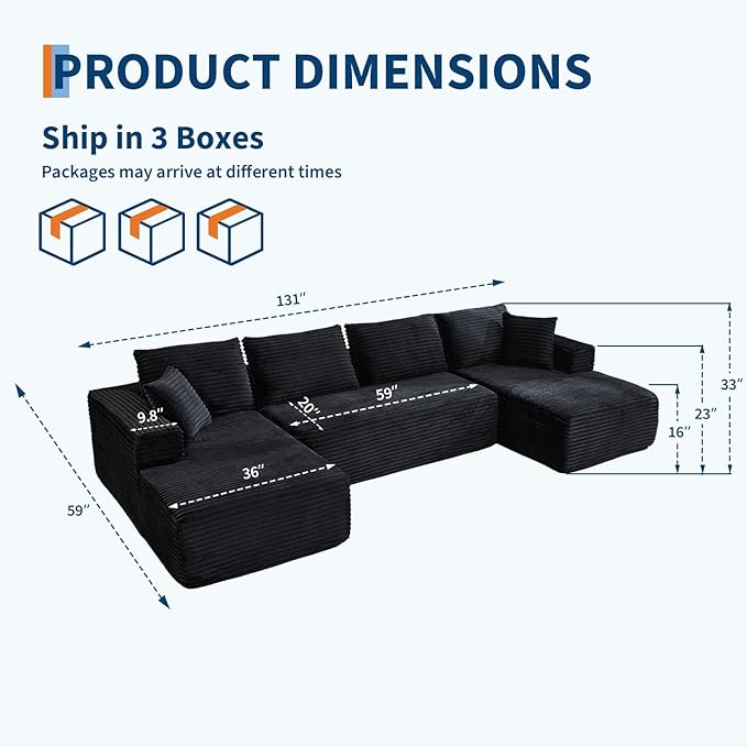 Boneless Couch U Shaped Sectional 130'' Modern Modular Cloud Couch with 2 Chaise Lounge 4-Seat Corduroy Deep Seat Sofa with Pillows for Living Room