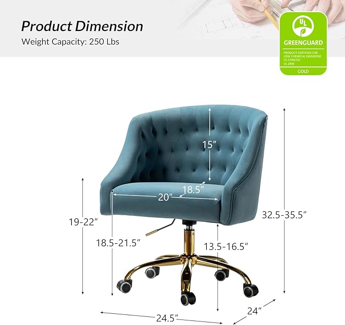Velvet Home Office Chair with Gold Base Comfortable Modern Cute Desk Chair Height Adjustable Swivel Task Chair for Living Room Bedroom Vanity Study Blue