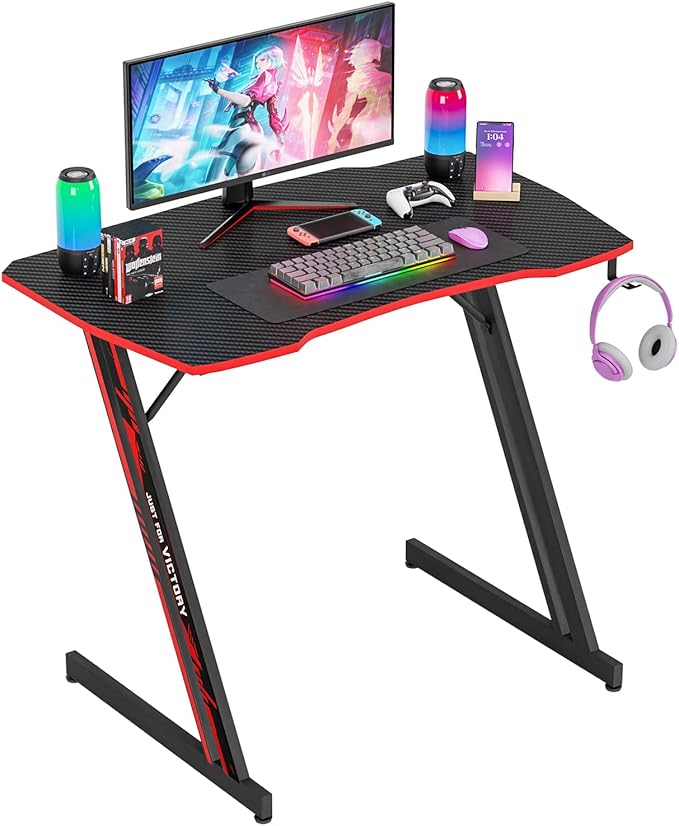PayLessHere | 35 Gaming Table | Red | Z-Shaped Computer Desk with Steel Frame Headphone Hook Adjustable Feet | Carbon Fiber Texture Surface Sweat &amp Waterproof | for Gaming Home Office