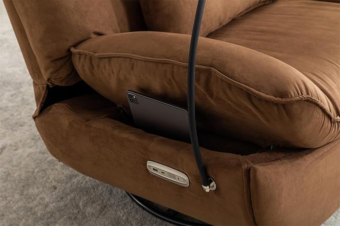 Linique Power Recliner Sofa Chair 270 Degree Swivel Leisure Single Sofa with Button Control Wireless Speaker USB Ports Hidden Arm Storage Phone Holder for Living Room Brown Fabric (Without LED)