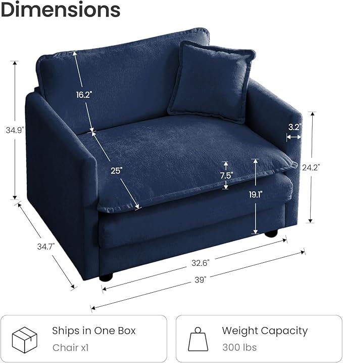 Chenille Oversized Accent Chair - 39”W Big Comfy Modular Cloud Chair Cozy Reading Chair for Living Room Kids Room Reading Nook Bedroom Family Navy Blue