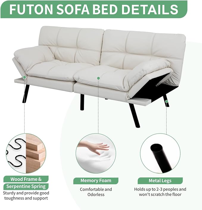 MUUEGM 71 Futon Sofa Bed Convertible Couch Filled with Memory Foam Modern Loveseat with Adjustable Backrest&ampArmrest Sofas for Living RoomGame RoomDormitoryOffice.White Leather