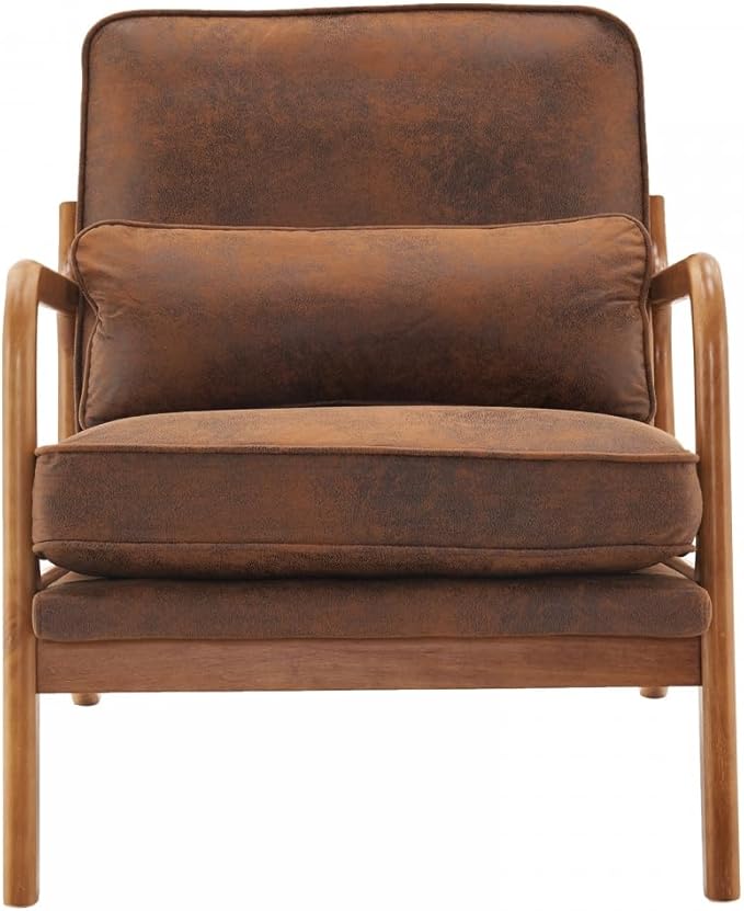 Mid-Century Accent Chair with Lumbar PillowUpholstered Lounge Chair with Padded Back and Seat CushionReading Chair with Oak ArmrestSingle Sofa Chair with Wood Frame for BedroomLiving RoomOffice