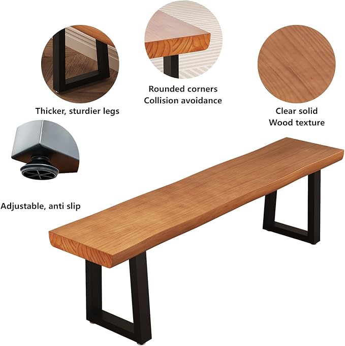 Solid Wood Top Bench with Metal Legs Durable Long Bench for Home Office Living Room Dining Room Versatile Multi Size Options Perfect Chair Stool Dining Bench Dining Chair (Light brown bench 62.99in)