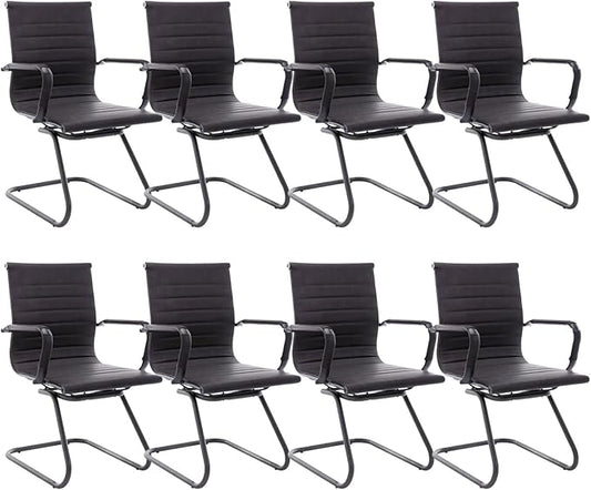 HNY Leather Office Guest Chairs &amp Reception Chairs Set of 8 Modern Waiting Room Chairs with Arms Desk Chair no Wheels with Sled Base for Waiting Room/Conference Room Retro Black