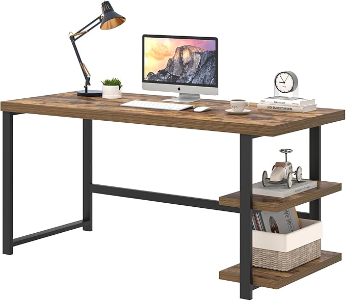 EXCEFUR Modern Computer Desk Home Office Desk with Storage Shelf Wood Study Writing Table Workstation for Bedroom Living Room Rustic Brown 53 Inch