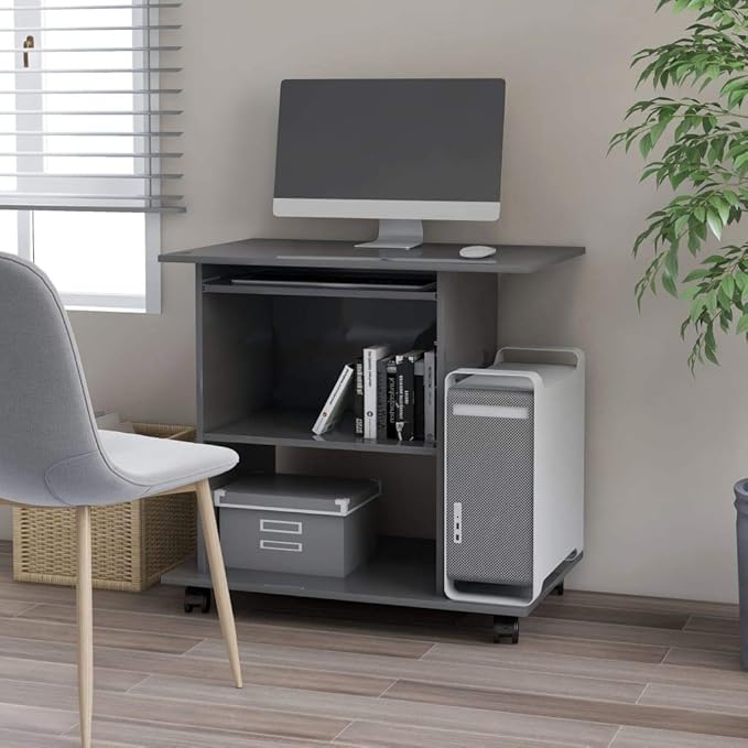 High Gloss Grey Computer Desk with Keyboard Tray and 3 Shelves 31.5 Long Compact Workstation for Home Office Mobile Design with Casters Multifunctional
