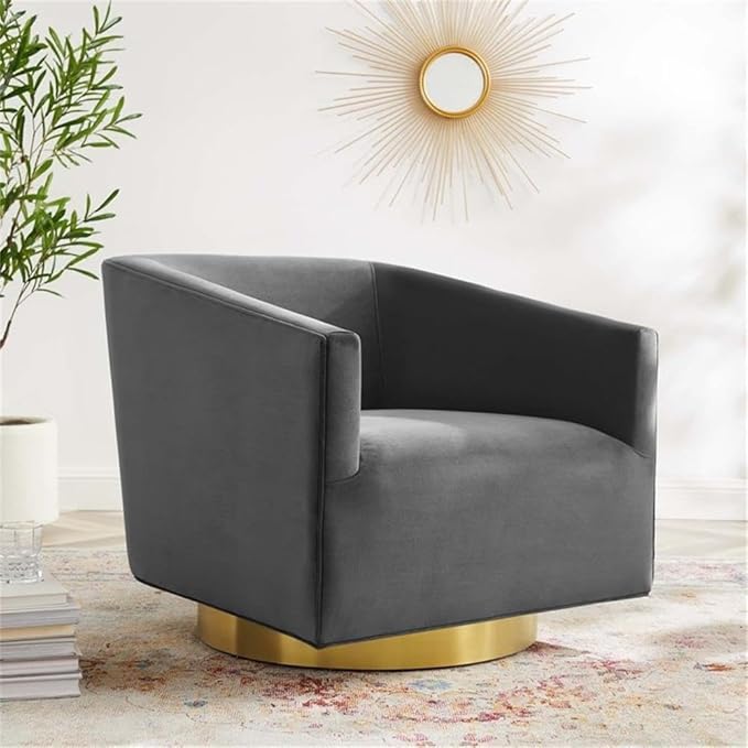 Pemberly Row Performance Velvet Swivel Chair 28H x 31.5W x 33D Brushed Gold Metal Base Stain-Resistant Charcoal Upholstery Dense Foam Padding Barrel Back Design for Living Room or Lounge Use