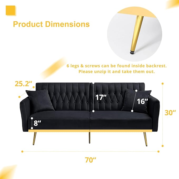 70” Velvet Futon Sofa Bed with 2 Pillows and Adjustable Armrests Convertible Sleeper Bed W/Adjustable Backrests Modern Loveseat for Living Room Bedroom Black