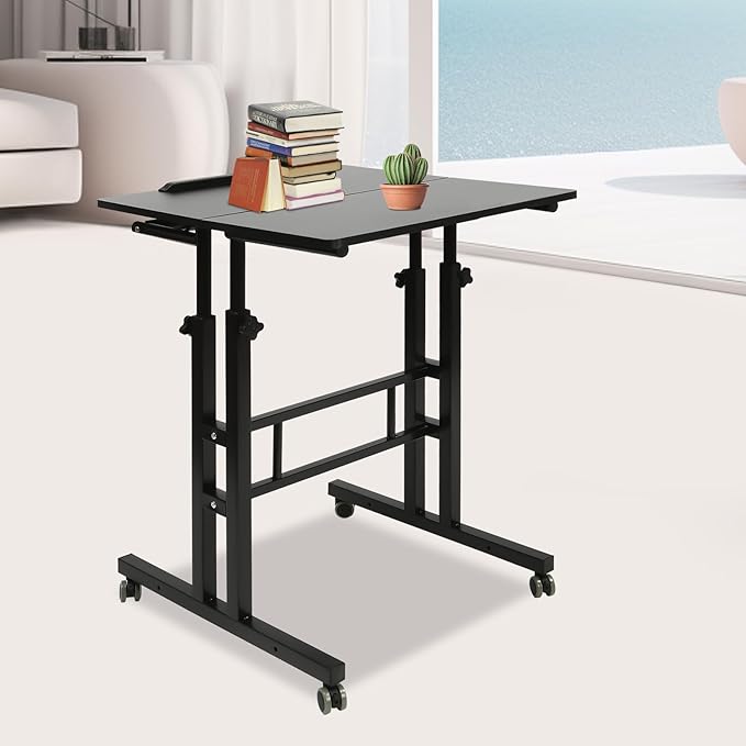 Mobile Standing Desk Adjustable Workstation with Wheels Portable Laptop Cart for Standing or Sitting (Black)