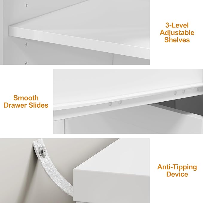 RoyalCraft L Shaped Home Office Desk Extendable and Rotatable Desk with 3 Drawers and Door Corner Computer Desk Modern Study Writing Table for Bedroom Home Office White