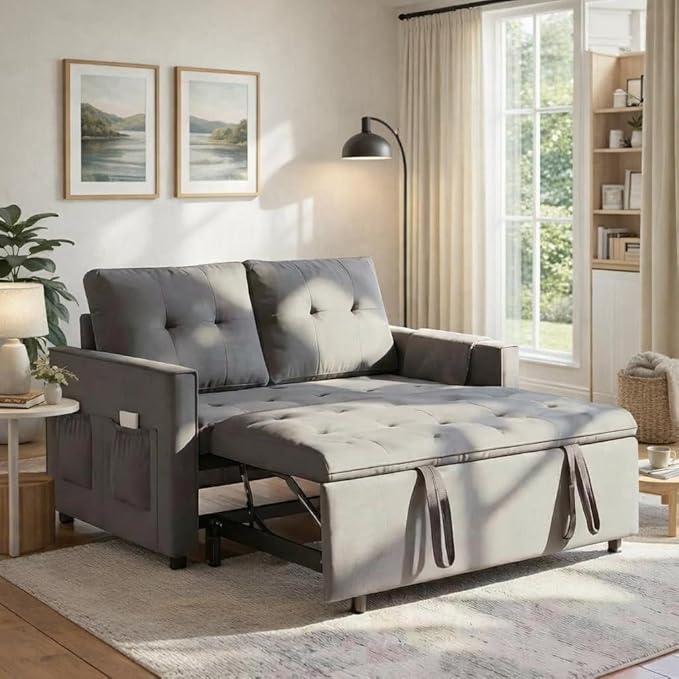 Sofa Bed Pull Out Couch with Side Pockets 3 in 1 Velvet Fabric Loveseat Sleeper Sofa Bed Pull Out Couch with Adjustable Backrest for Living Room Bedroom Apartment Gray 53 Inch