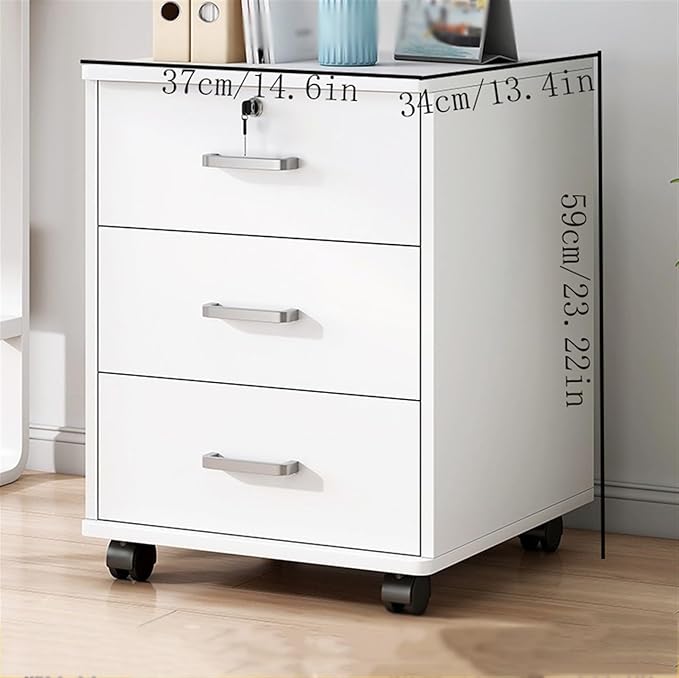 Office File Cabinet Wooden File Cabinet with 3 Solid Color Drawers File Cabinet with Sliding Wheel Storage Lock Small Side Cabinet