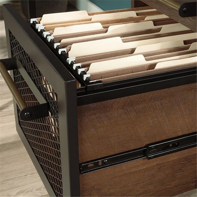 Pemberly Row Engineered Wood Computer Desk with Hutch Barrel Oak Finish 72 in H x 48 in W x 23 in D Adjustable Shelves Keyboard Tray File Drawer Industrial Home Office Desk