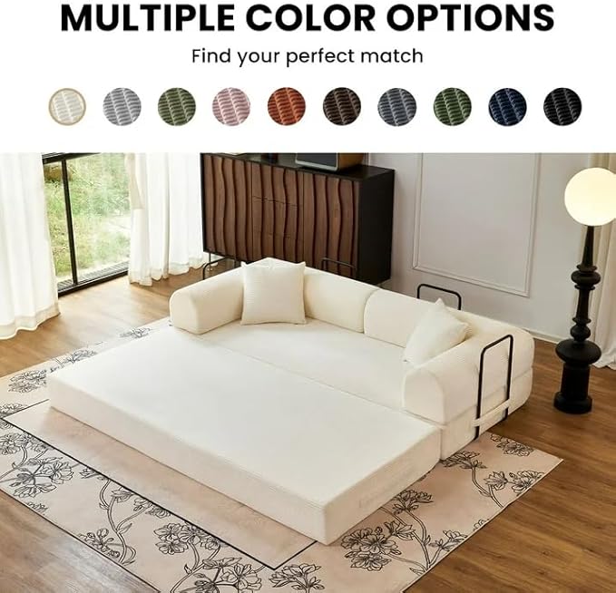 2026 Upgrade Convertible Sofa Bed 79 Inch Boneless Couch with Fixed-Shape Frame Corduroy Fabric with High Backrest Floor Sofa Modular Futon Couch for Living Room Bedroom Lounge (White) | High Backr