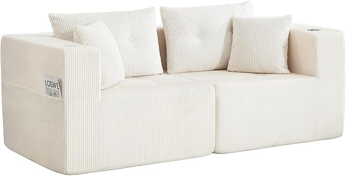 73 Loveseat Modular Sectional Sofa Oversized 2-Seater Boneless Tufted Cloud Couch with Cup Holder Corduroy Upholstery Small Couches for Living Room No Assembly Beige