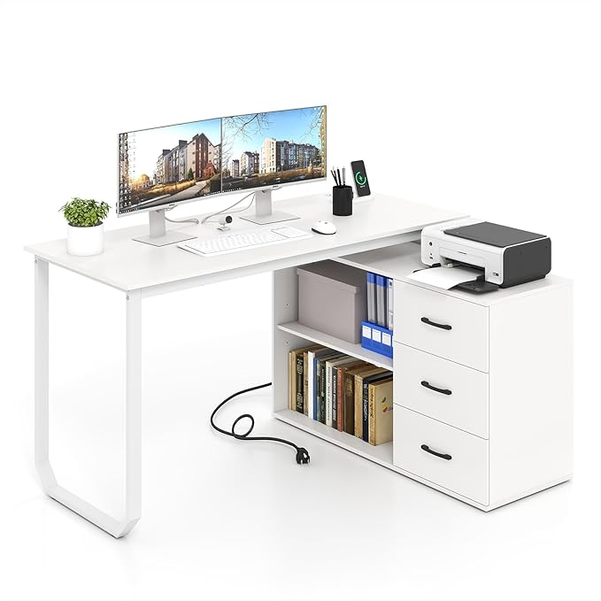 Giantex 55 Inch L-Shaped Desk with Charging Station Reversible Computer Desk with 3 Drawers Adjustable Shelf Large Computer Workstation Corner Desk for Small Spaces Home Office (White)