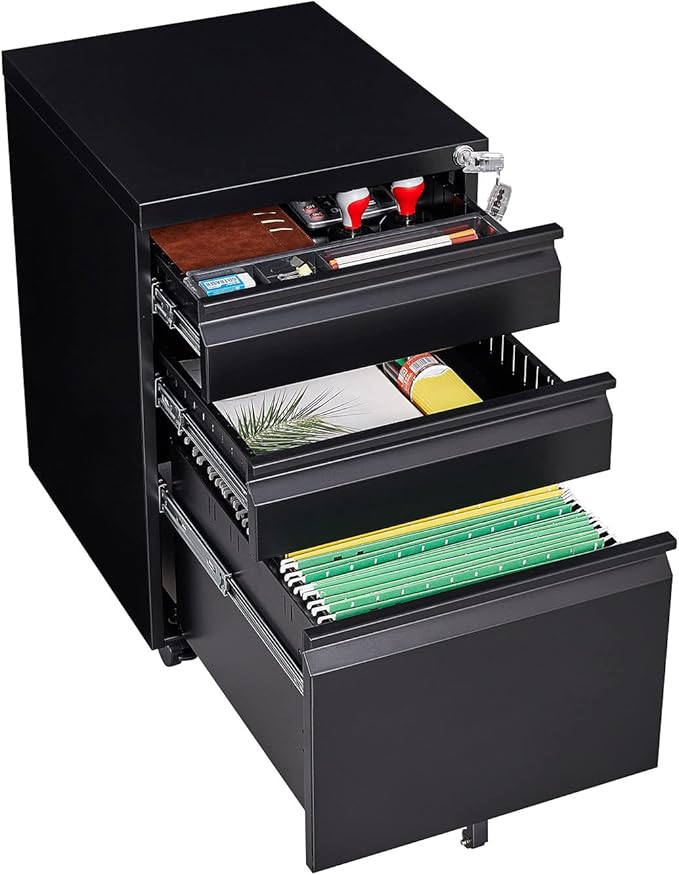 3 Drawer Small File Cabinet with Lock Under Desk Locking Storage Cabinet Organizer Mobile Filing Cabinets for Home OfficeBlack