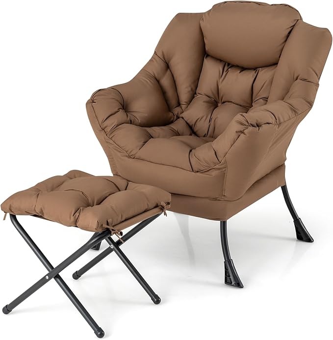 GOFLAME Lazy Chair with Ottoman Modern Large Accent Chair with Folding Footrest Head Pillow Armrests and Side Storage Pocket Upholstered Reading Chair for Living Room Bedroom Office (Brown)