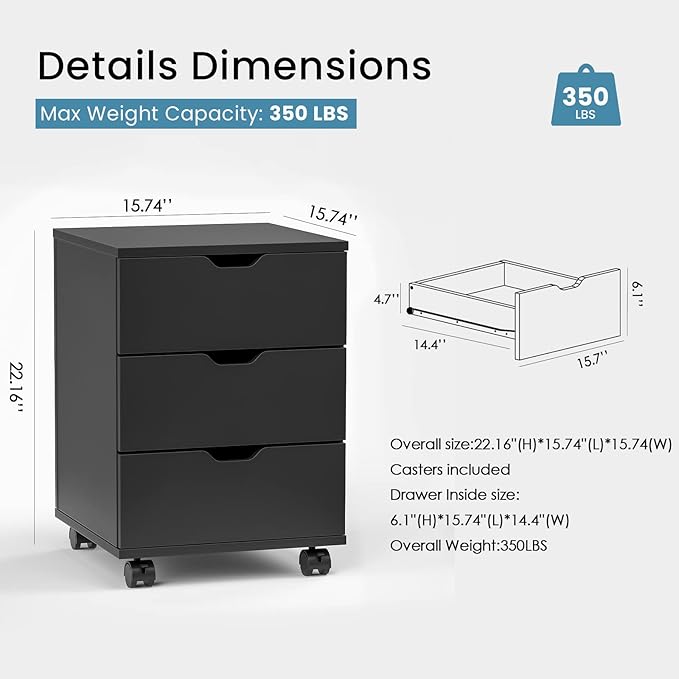 Farini Mobile File Cabinet for Home Office 3 Drawer Chest Wood Drawers Unit for Under Desk Storage Drawers Cabinet Black