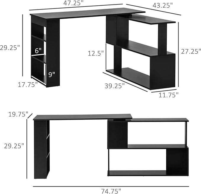 L Shaped Corner Desk 360 Degree Rotating Home Office Desk with Storage Shelves Writing Table Workstation Black
