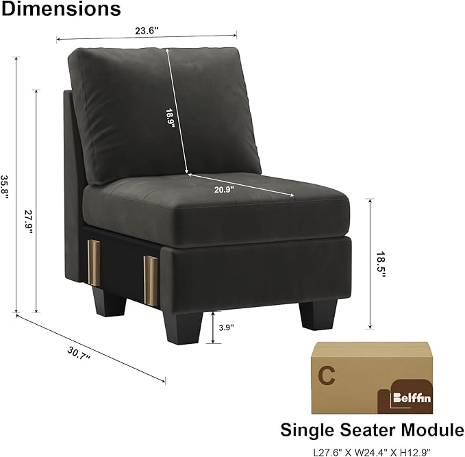 Belffin Velvet Single Seat Module for Modular Sectional Sofa Couch Accent Armless Sofa Couch Chair Modern Fabric Grey